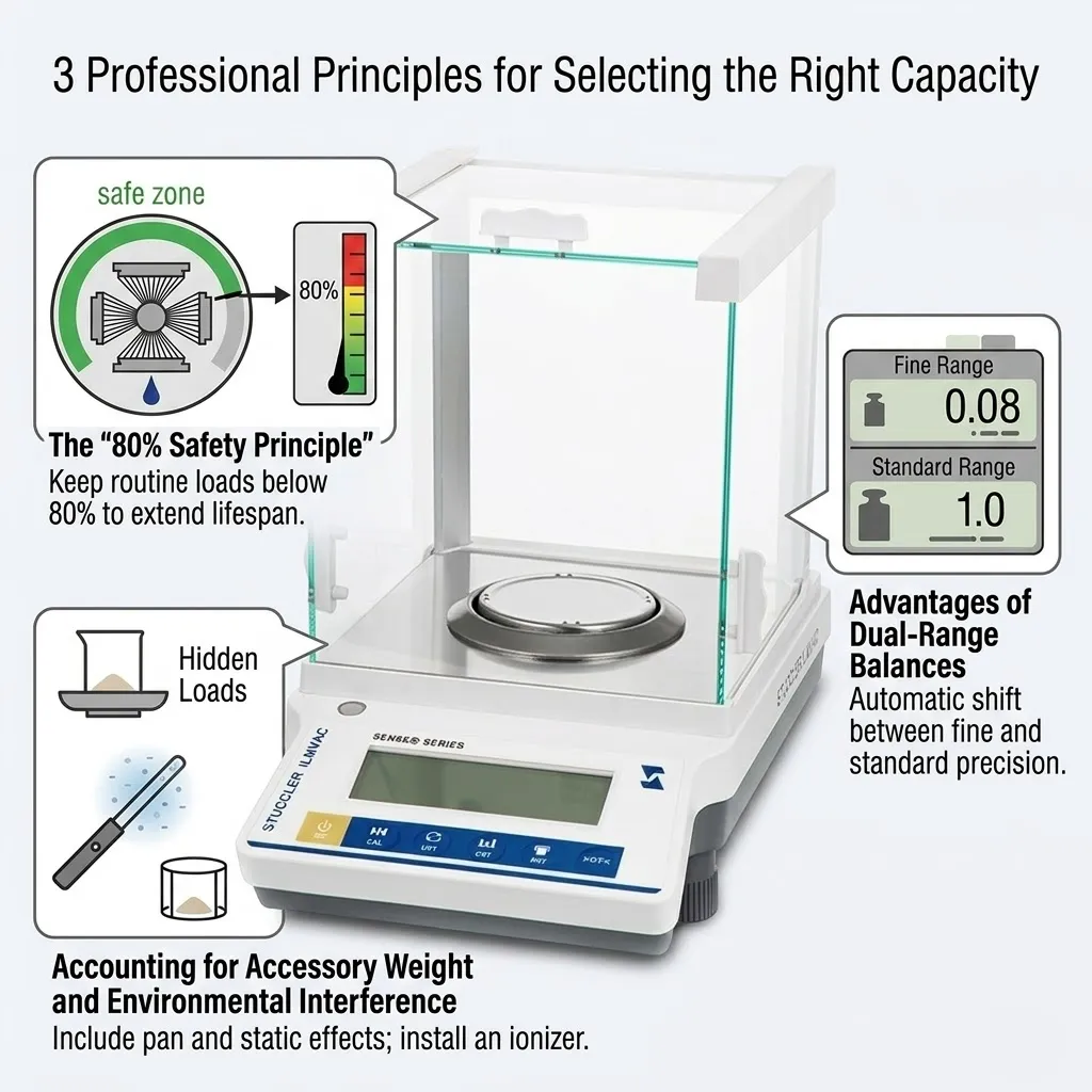 Infographic explaining the 80% safety principle, dual-range advantages, and environmental interference for balances.