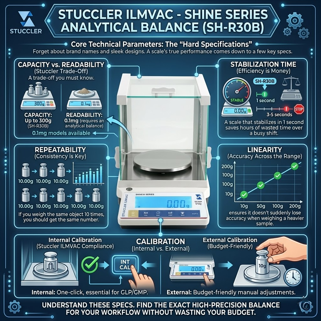 Stuccler SH-R30B analytical balance technical specs including capacity, readability, repeatability, and calibration.