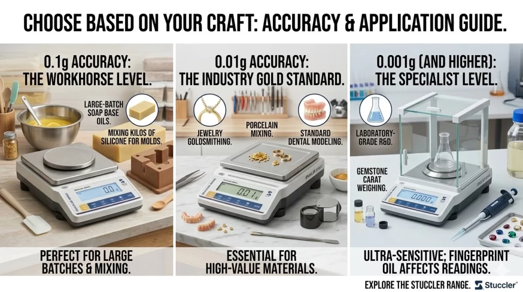Infographic: Choosing a Stuccler scale by accuracy (0.1g, 0.01g, 0.001g) for soap, jewelry, or lab use.