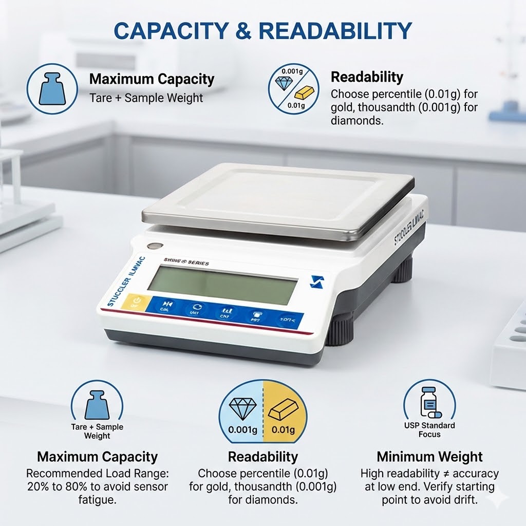 Top loading balance guide for maximum capacity and readability levels for gold and diamonds.