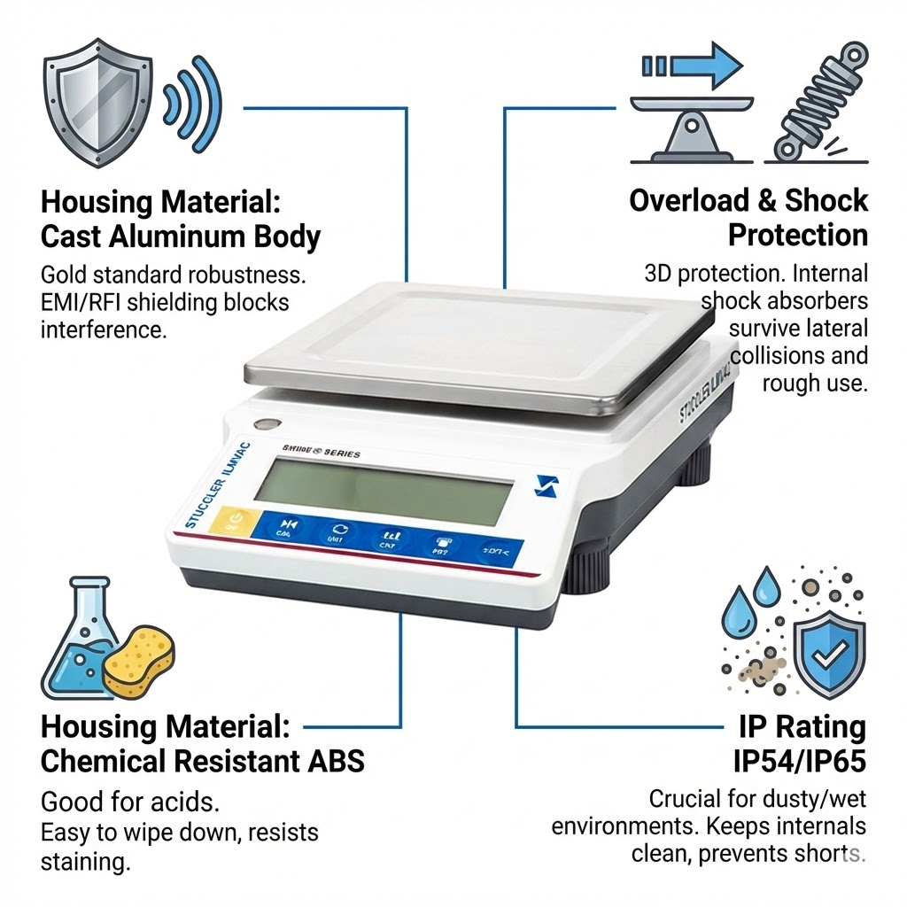 Top loading balance housing options including Cast Aluminum, Chemical Resistant ABS, and IP65 ratings.