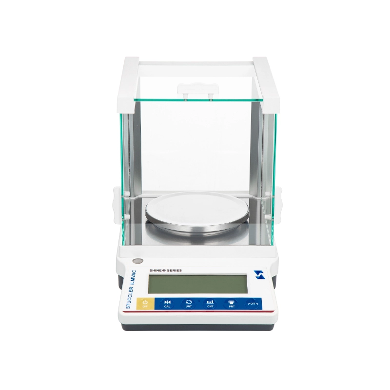 Stuccler SHINE series precision balance with draft shield, offering 0.01g to 0.1g readability for lab use.