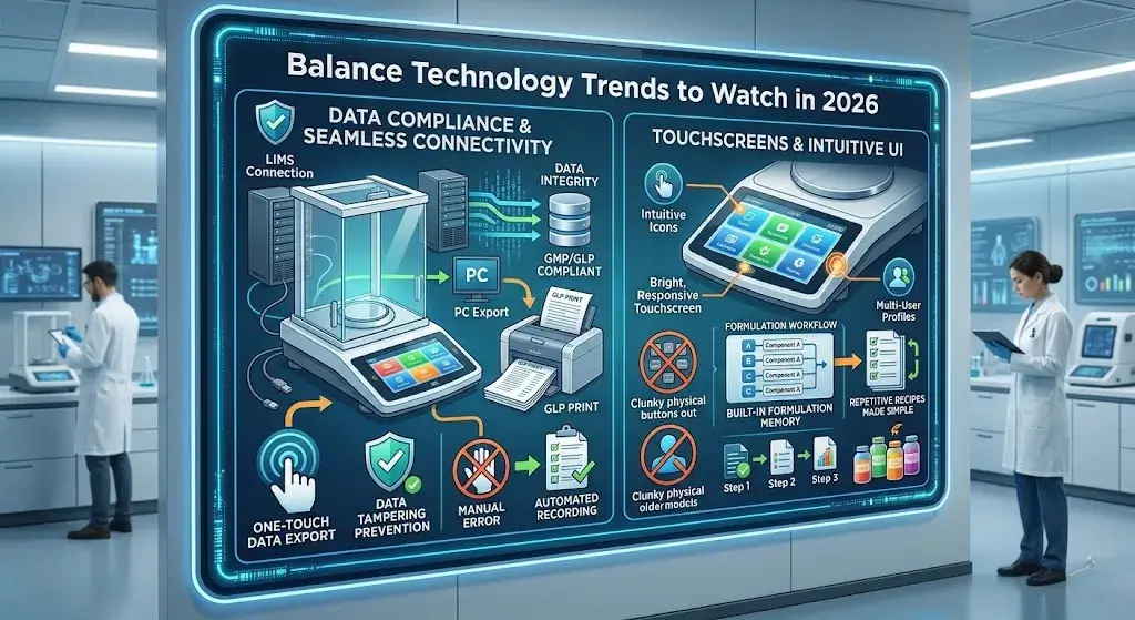 2026 lab balance technology trends featuring data compliance, seamless connectivity, and intuitive touchscreen UIs.