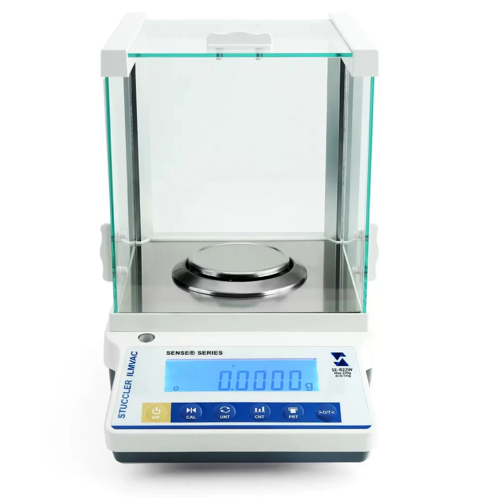SENSE IND digital lab balance with a large stainless steel weighing pan and control buttons.