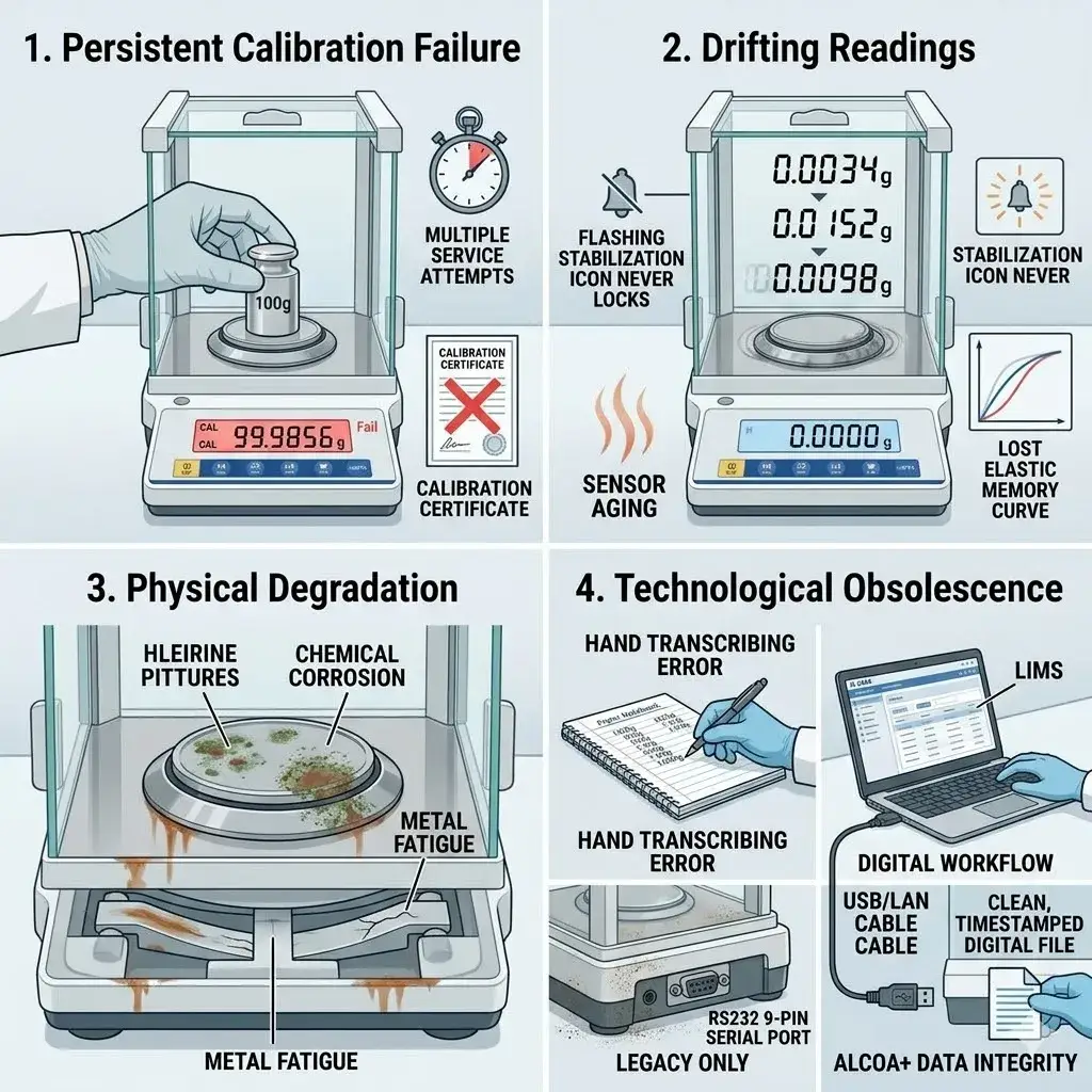 Infographic showing four signs of lab balance failure: calibration issues, drifting, physical damage, and obsolescence.