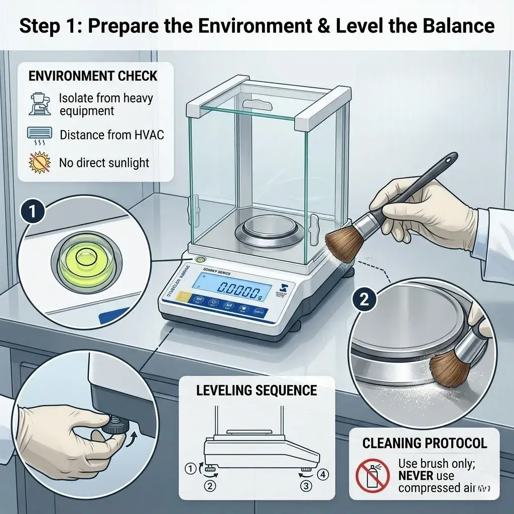Infographic showing how to level a lab balance and prepare the environment by isolating from sunlight and HVAC.