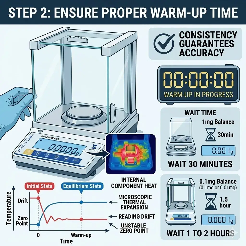 Diagram explaining the necessary warm-up time for 1mg and 0.1mg balances to ensure thermal equilibrium and accuracy.