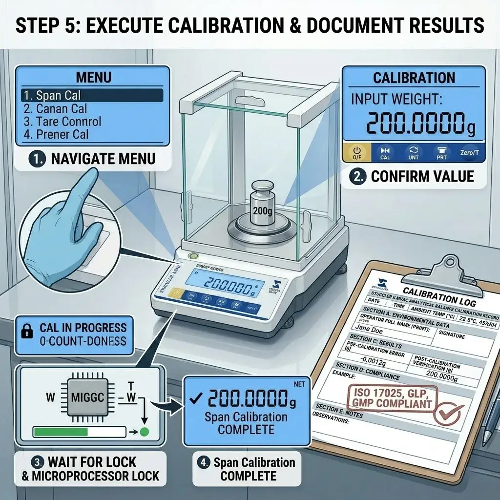 Step-by-step process of navigating the calibration menu and recording results in an ISO 17025 compliant log.