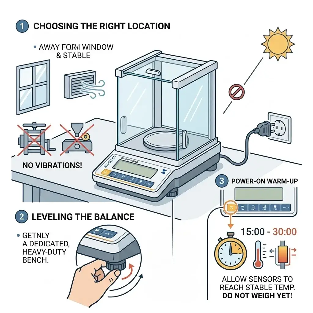 Infographic on choosing a stable location away from vibrations and allowing a 15-30 minute warm-up period.
