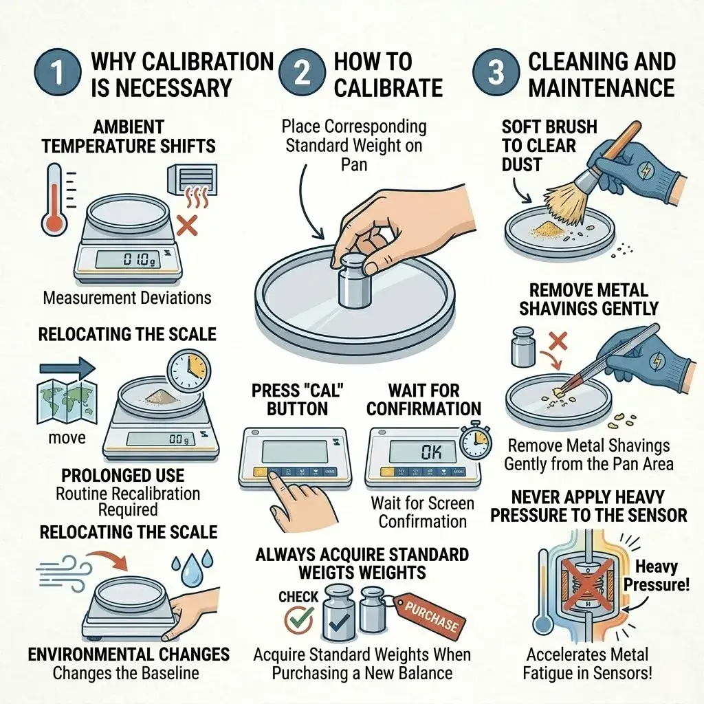 Guide on why and how to calibrate a scale using standard weights and avoiding heavy pressure on sensors.