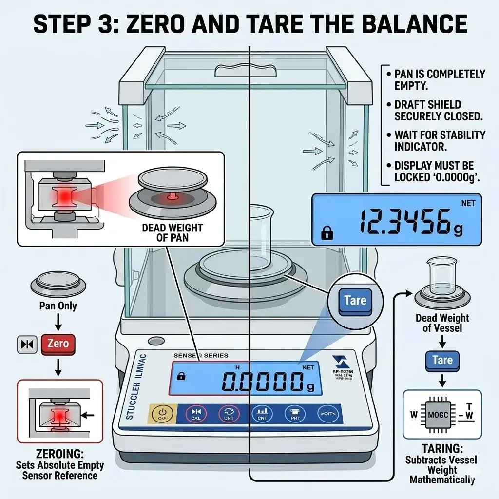 Technical illustration of the difference between zeroing an empty pan and taring a vessel on a digital scale.