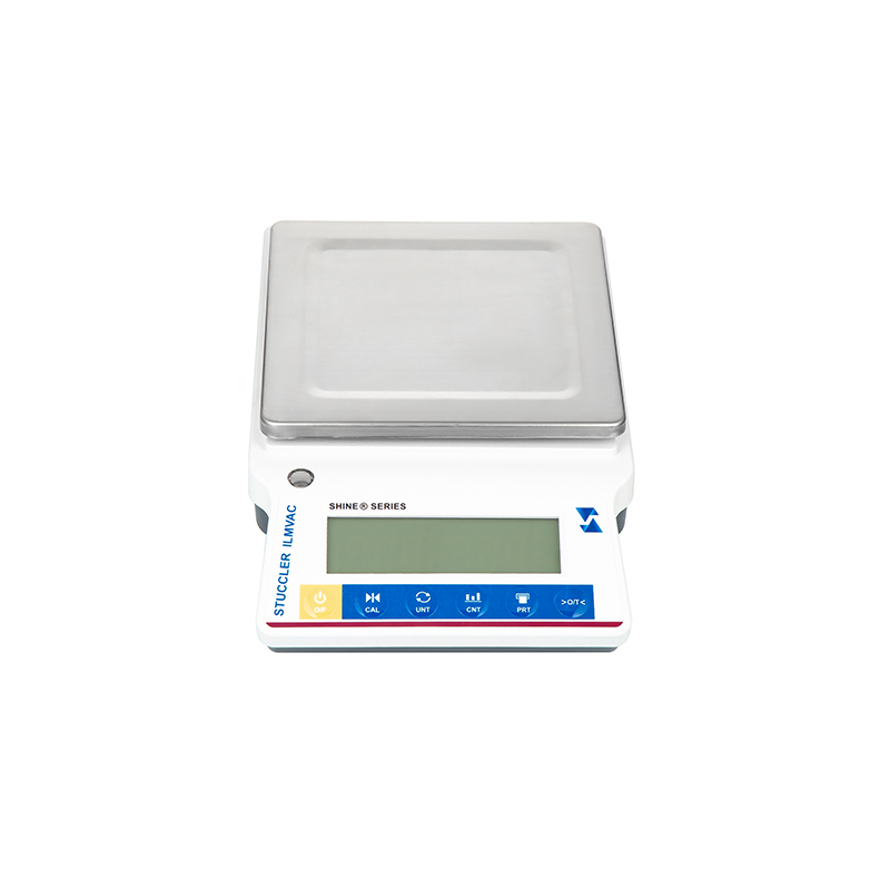 Stuccler Shine Series laboratory scale with rectangular metal pan, digital display, and multi-unit function buttons.