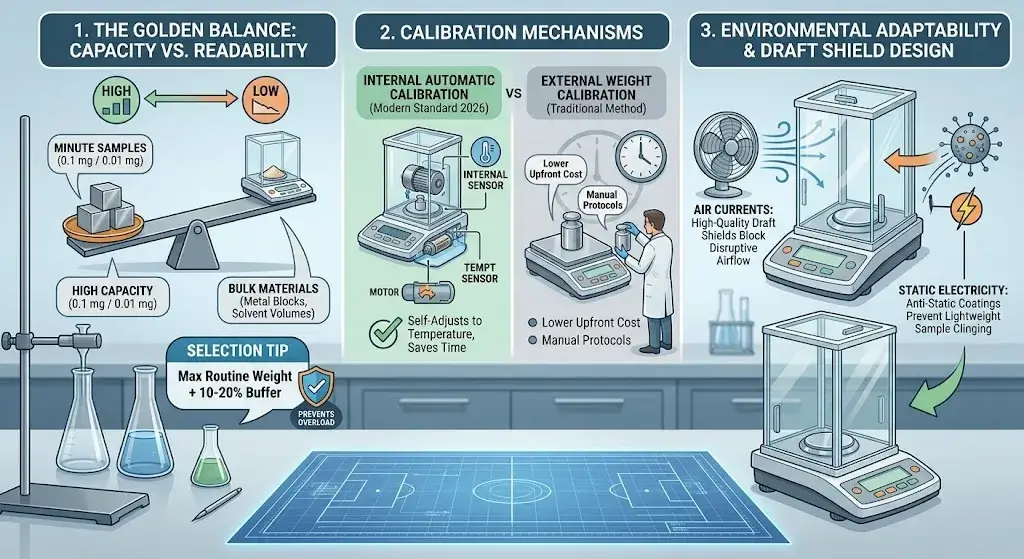 Infographic on lab balances explaining capacity vs readability, calibration types, and draft shield design.