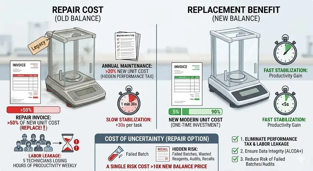 Comparison chart between the costs of repairing an old lab balance and the productivity benefits of a new unit.