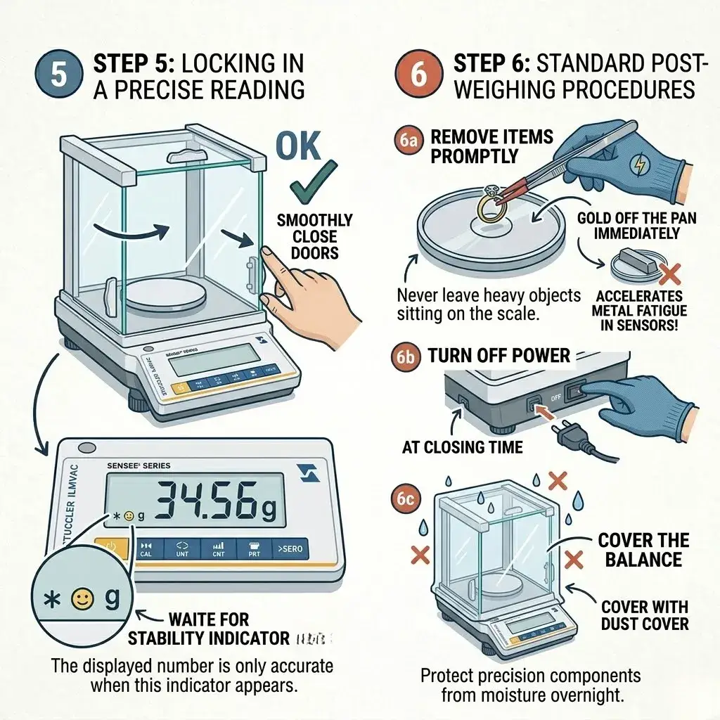 Closing doors for a stable reading and using a dust cover for proper overnight protection of the balance.
