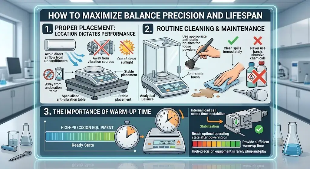 Guide to maximizing lab balance precision through proper placement, routine cleaning, and adequate warm-up time.