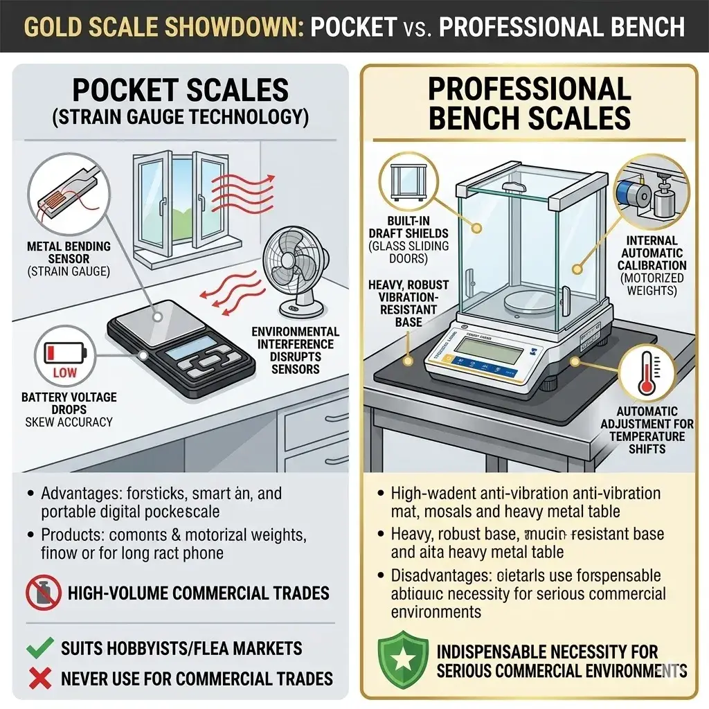 Comparison between strain gauge pocket scales for hobbyists and professional EMFR bench scales for commercial trade.