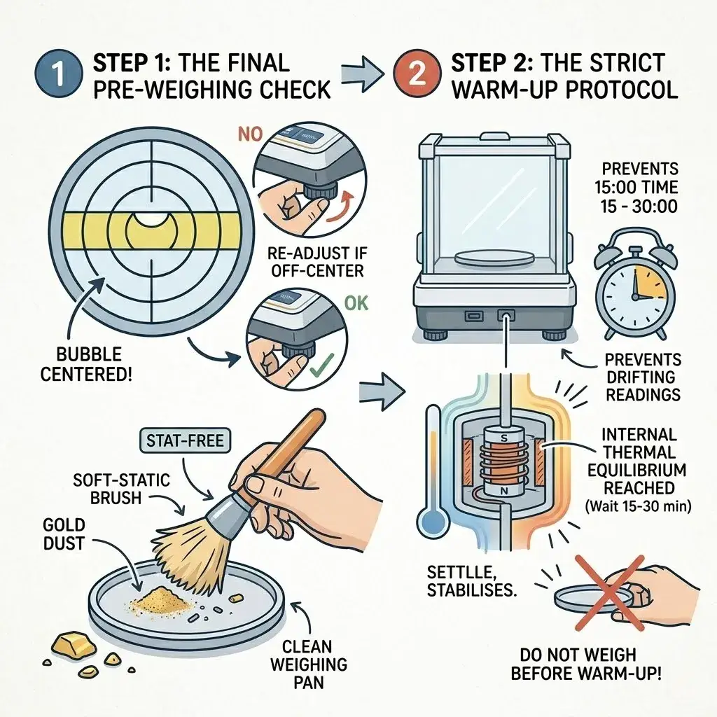 Visual guide for centering the leveling bubble and cleaning the weighing pan with a soft anti-static brush.
