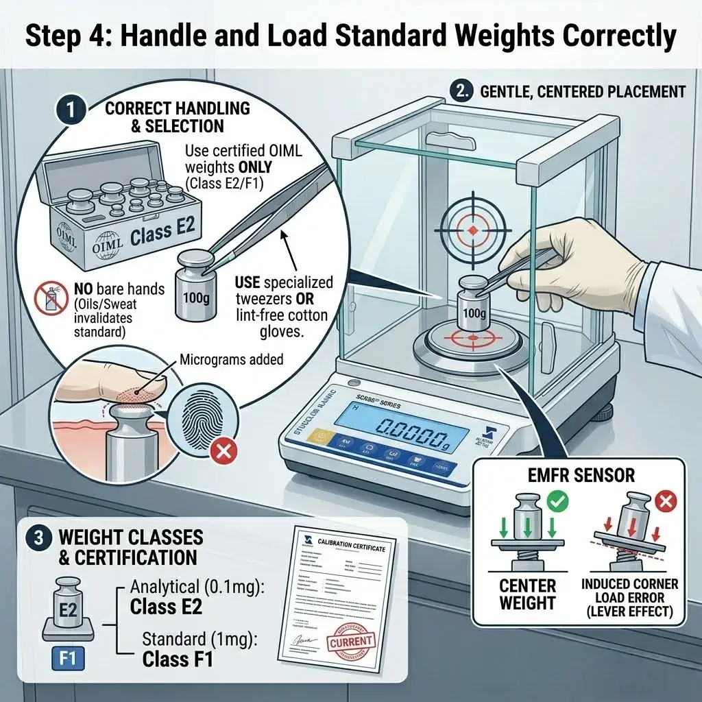 uide on using tweezers for OIML Class E2 weights and centering them on the sensor to avoid corner load errors.
