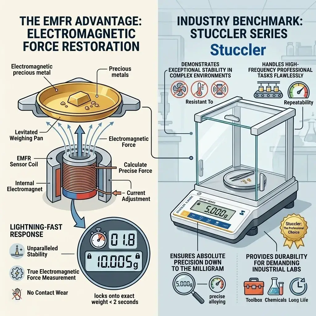 Diagram of EMFR technology and Stuccler series balance showing electromagnetic force restoration for milligram precision.