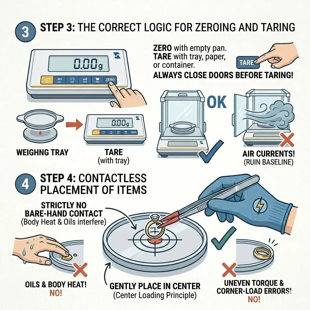 Instructions for taring the scale with a tray and using tweezers to avoid body heat and oil interference.