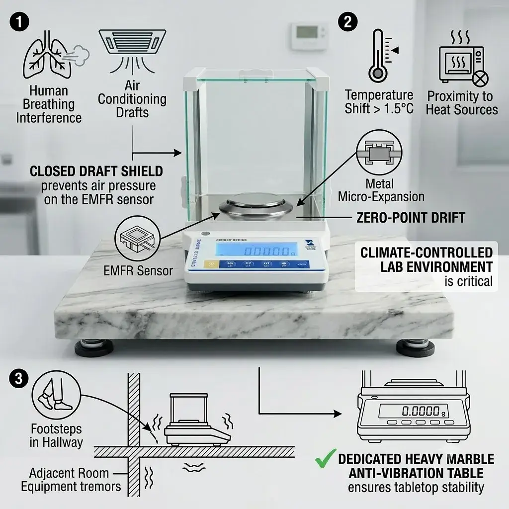 Diagram of environmental factors causing balance errors like air drafts, temperature shifts, and vibrations.