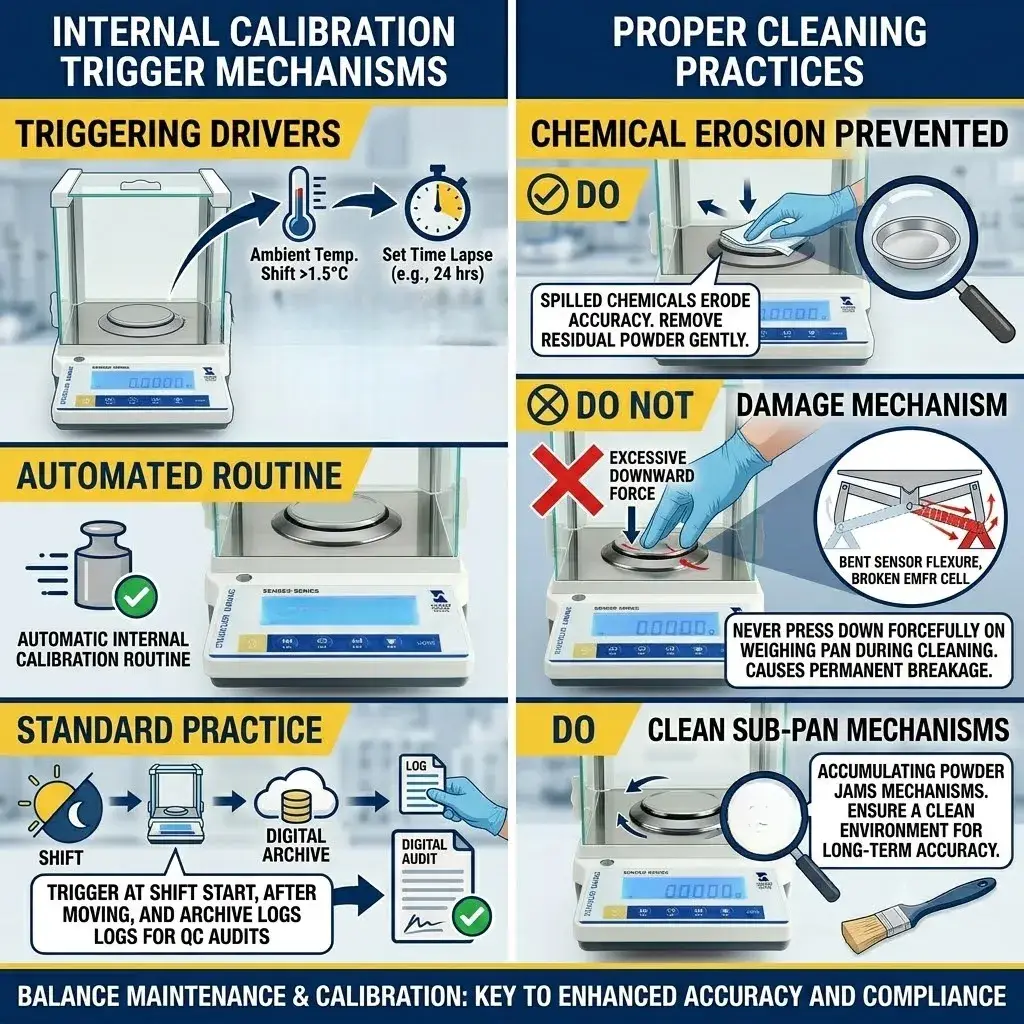 Correct lab protocols for avoiding hand contamination and geometric center loading errors on a balance pan.