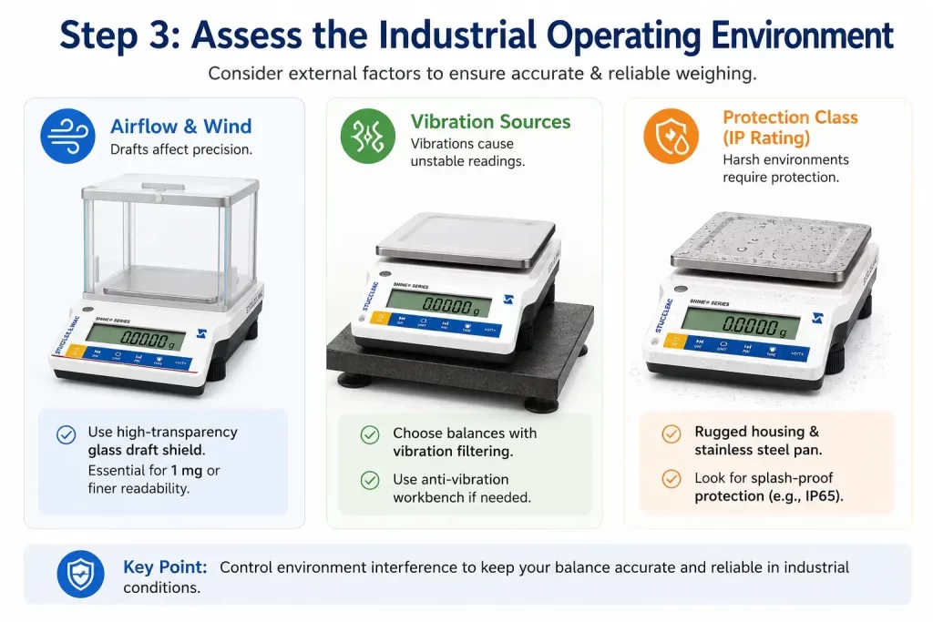 Chart illustrating environmental impacts on balance scales including airflow draft shields, vibration, and IP ratings.
