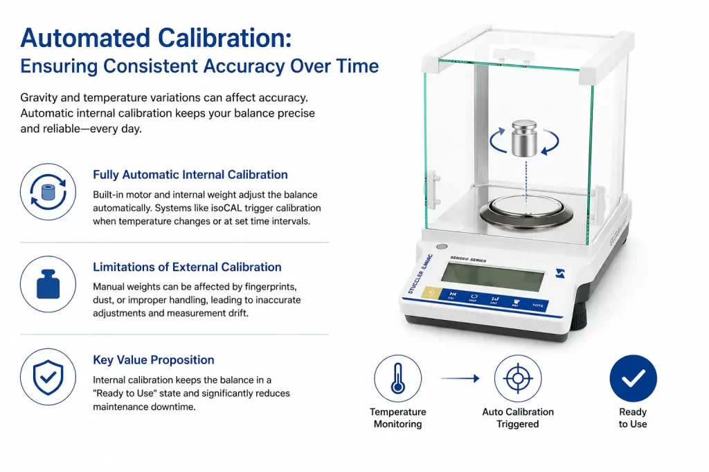 Diagram showing how fully automatic internal calibration maintains accuracy via temperature monitoring and set intervals.