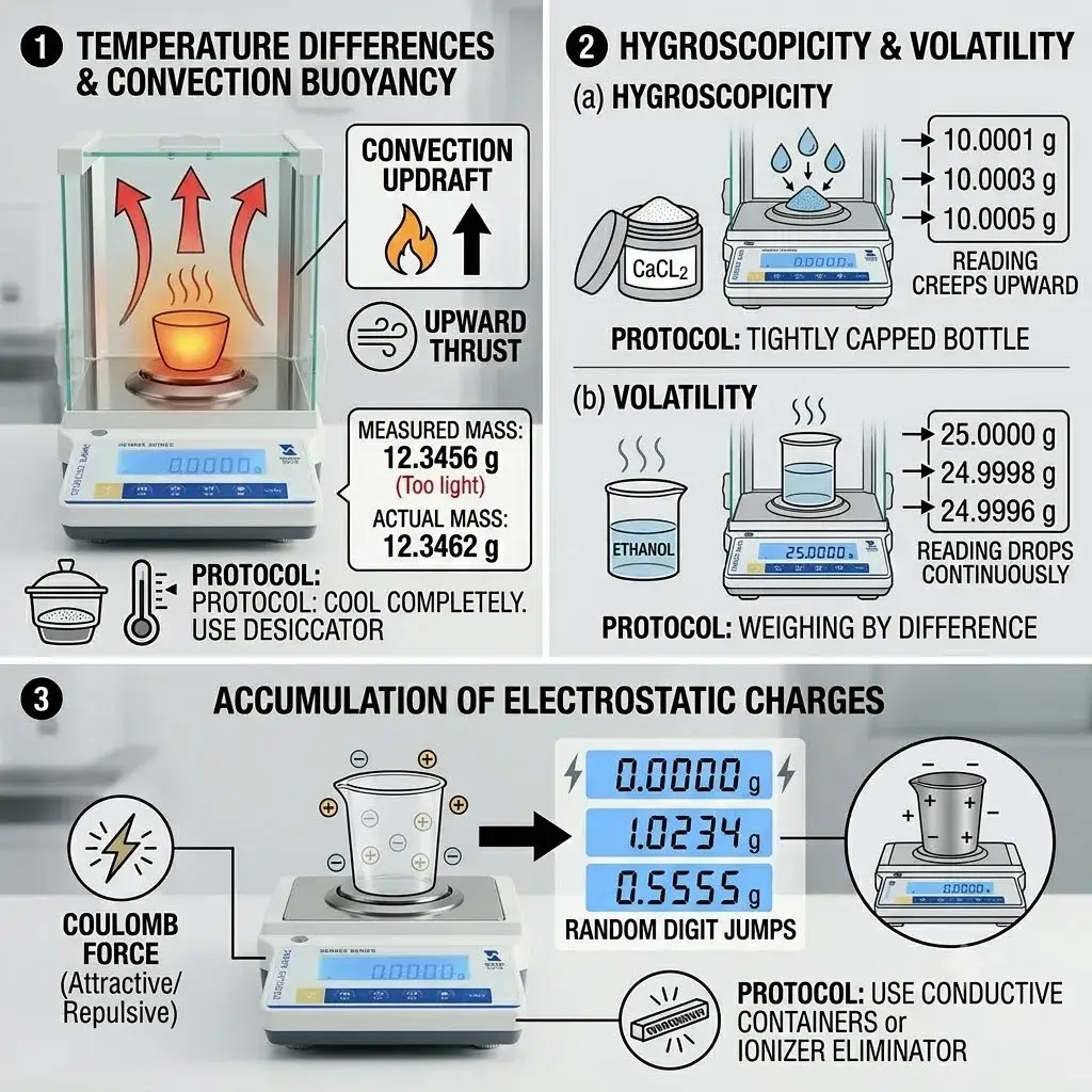 Technical chart showing weighing errors from convection buoyancy, hygroscopicity, volatility, and static charge.