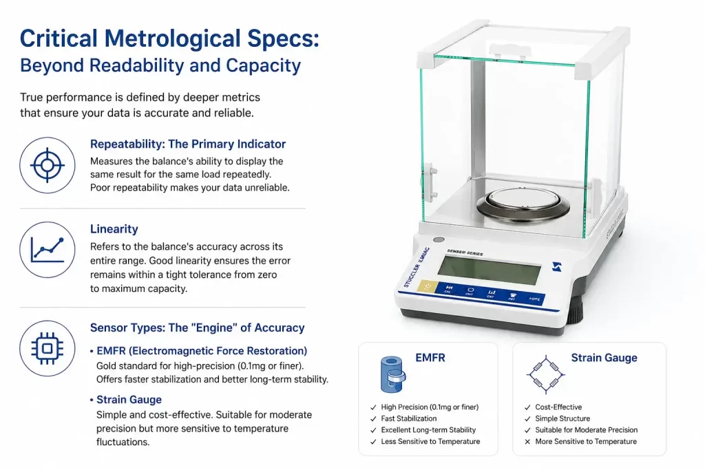Infographic explaining repeatability, linearity, and sensor differences between EMFR and strain gauge technologies.