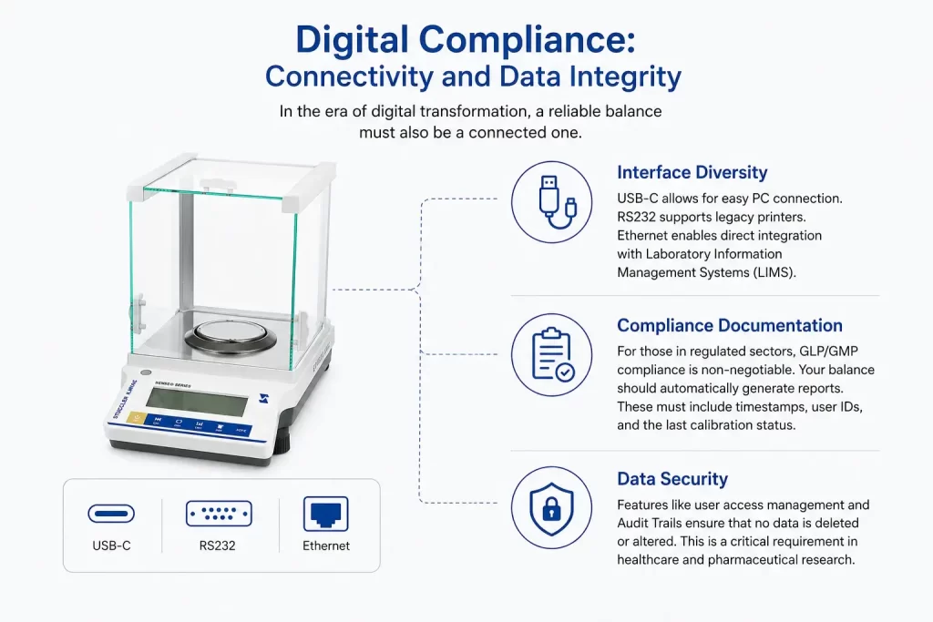 Overview of connectivity options like USB-C and Ethernet for GLP/GMP compliance documentation and data security.