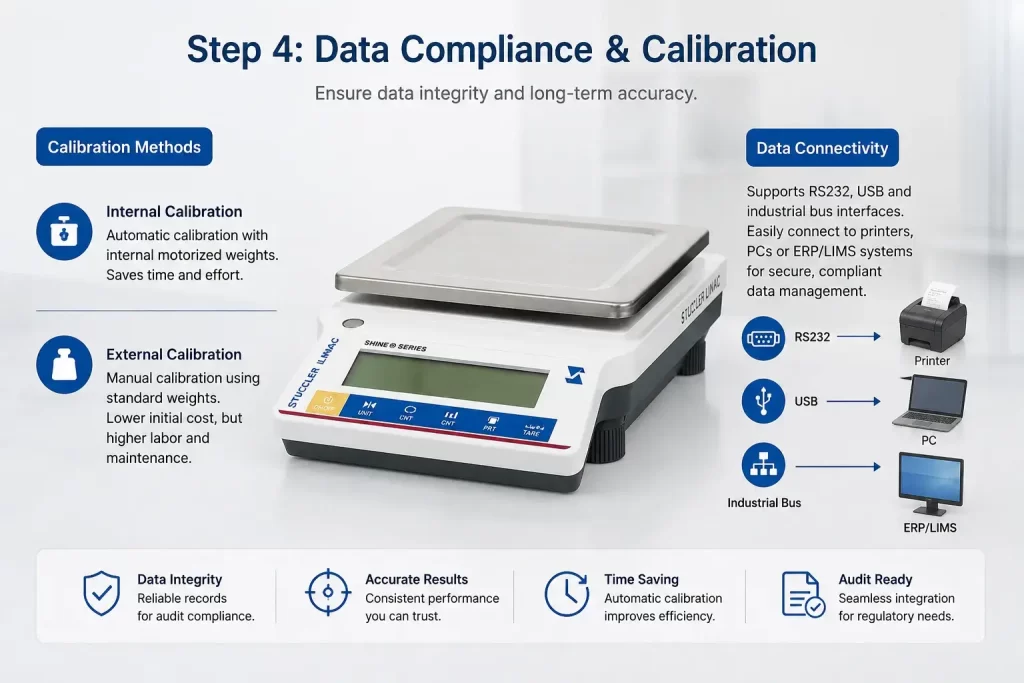 Infographic detailing internal versus external calibration and data connectivity options to printers, PCs, and ERP systems.