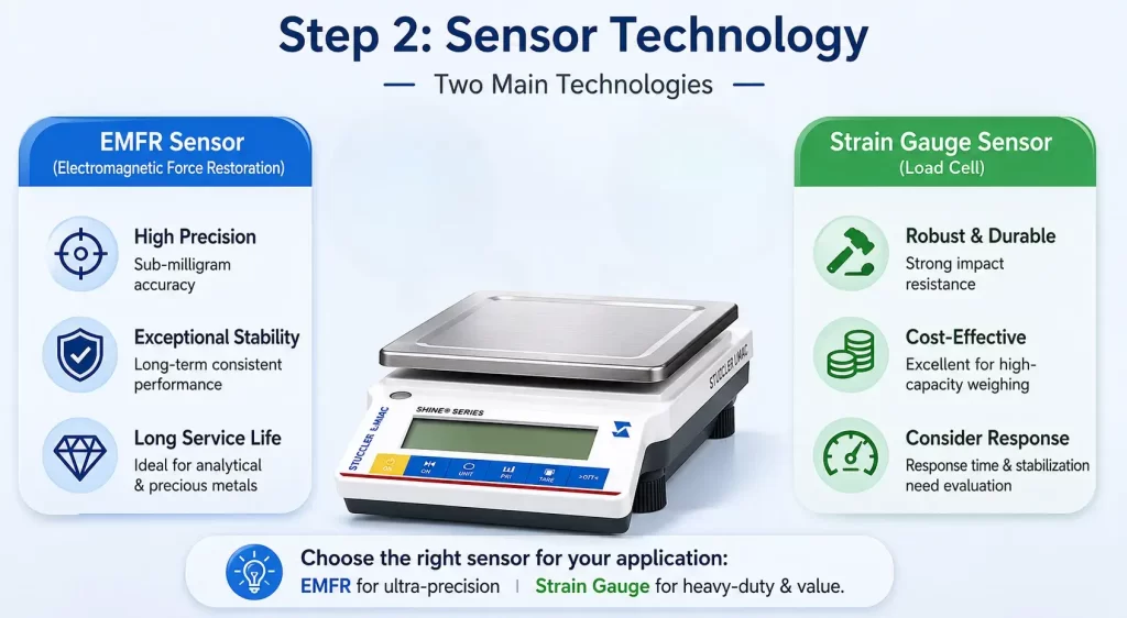 Diagram comparing EMFR sensor technology for high precision with strain gauge sensor technology for heavy duty use.
