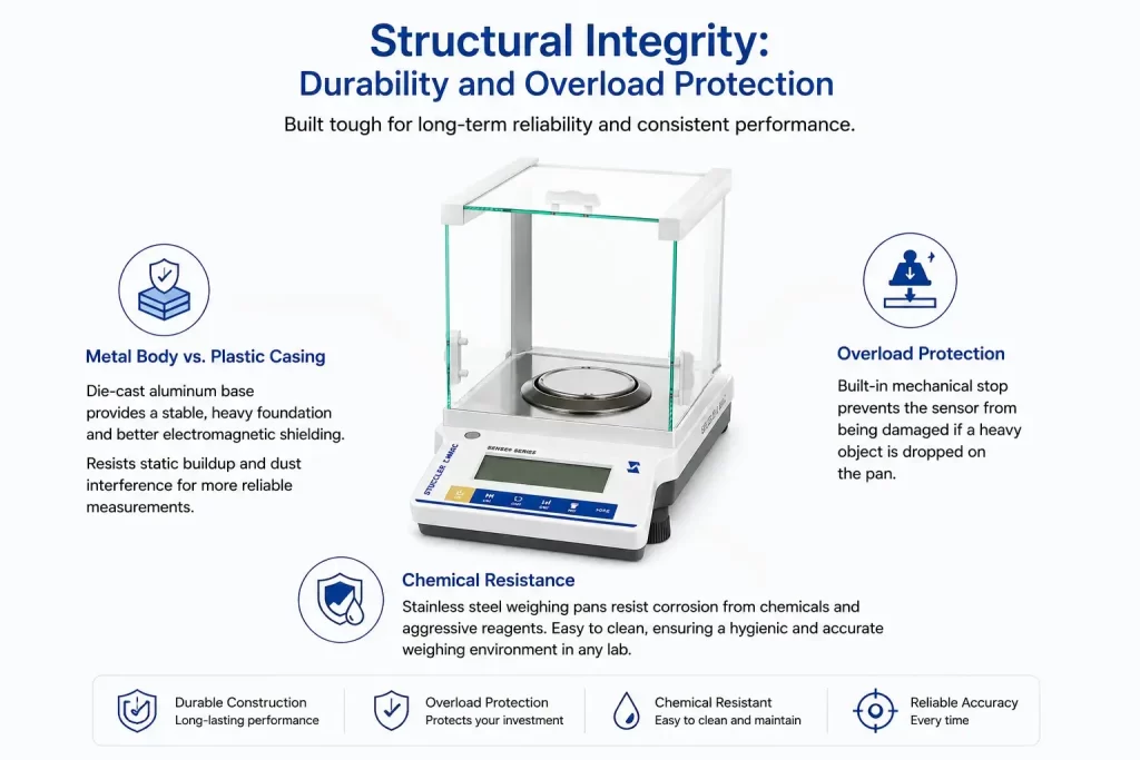 Guide to balance durability focusing on metal body construction, overload protection, and chemical-resistant materials.
