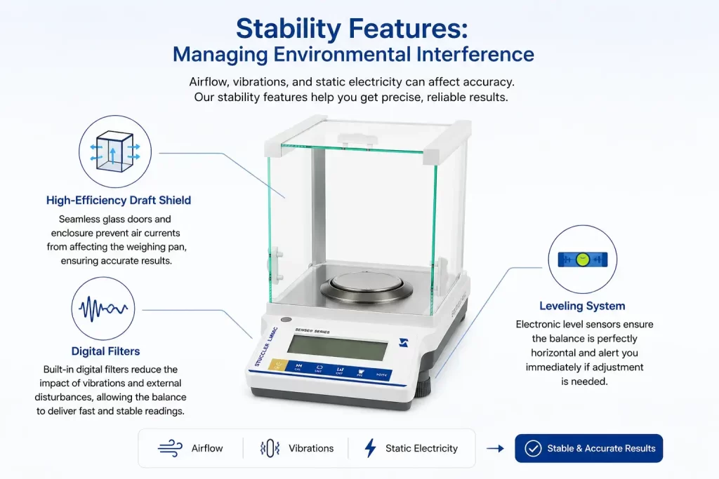 Illustration of laboratory balance stability features including a draft shield, digital filters, and leveling sensors.