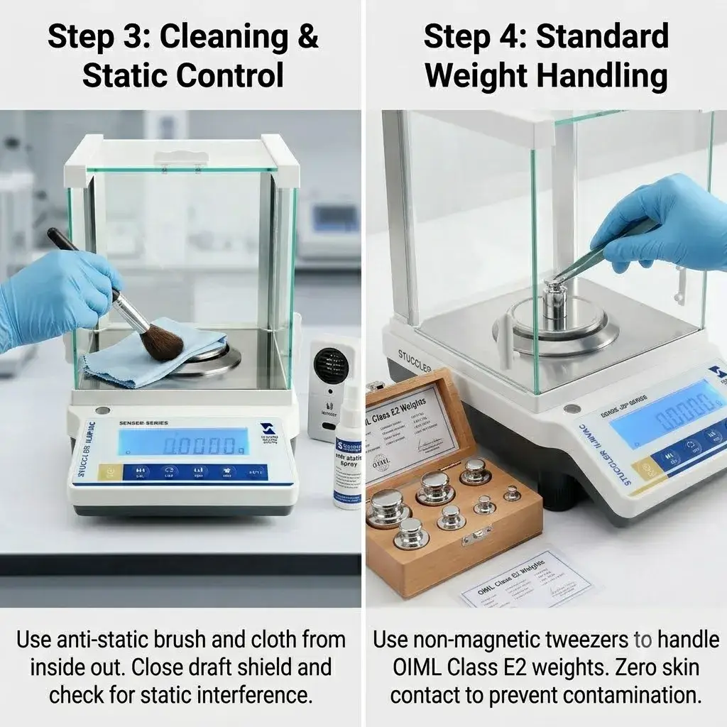 Split diagram illustrating anti-static balance pan cleaning and using non-magnetic tweezers to handle E2 weights.