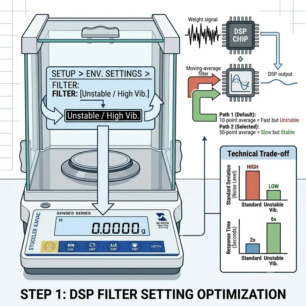 Technical graphic showing how to optimize DSP filter settings on an analytical balance for unstable environments.