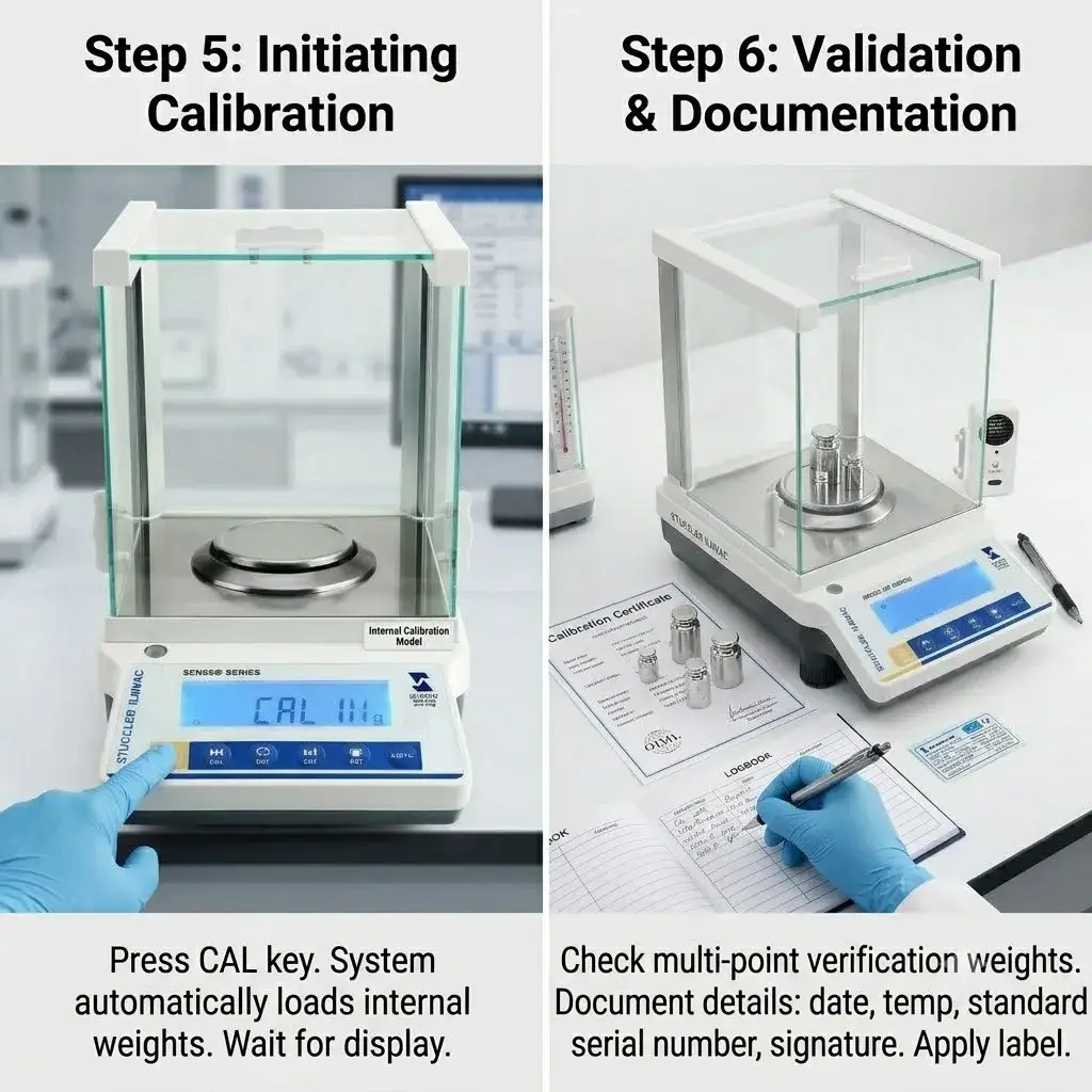 Chart detailing how to initiate calibration by pressing the CAL key and log verification data in a logbook.