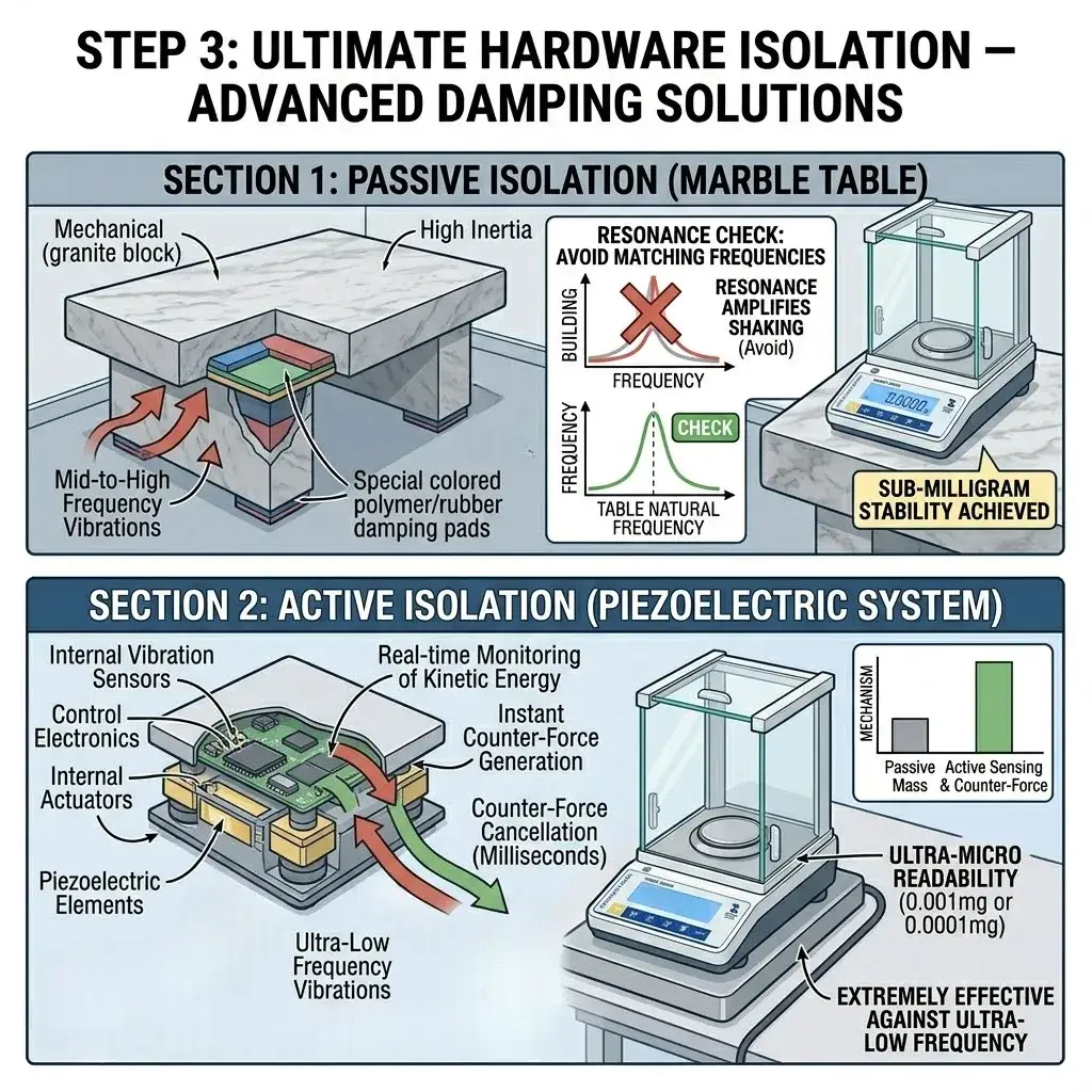 Explanatory guide detailing passive and active hardware damping methods for ultra-micro balance readability.