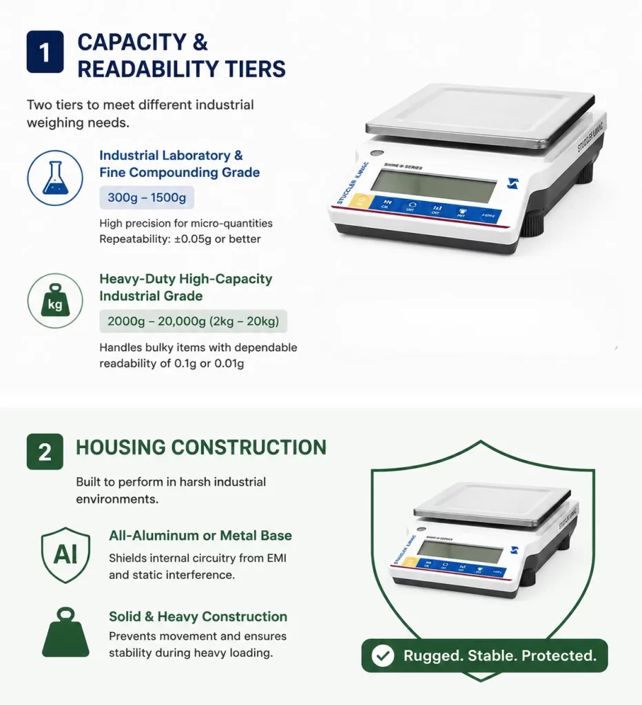 Infographic showing industrial balance capacity readability tiers alongside its rugged all-aluminum metal housing.