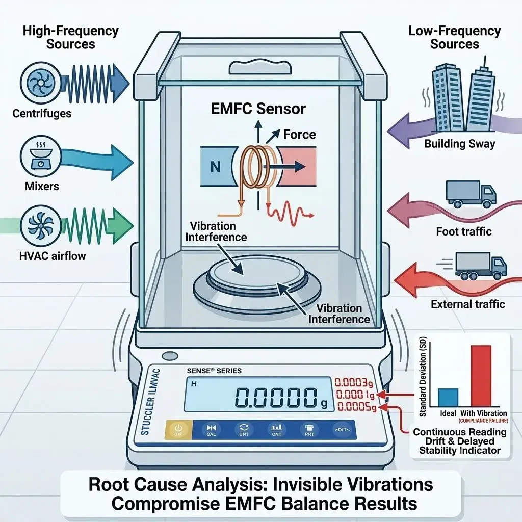 Diagram explaining how high and low frequency vibrations interfere with an EMFC lab balance sensor.