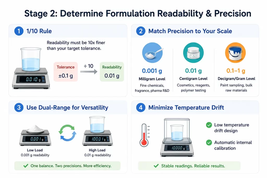 Guide for stage 2: determining formulation readability, 1/10 rule, dual-range, and temperature drift.