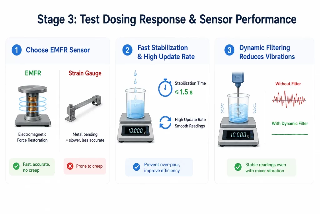 Diagram for stage 3: testing dosing response with EMFR sensors, fast stabilization, and dynamic filtering.