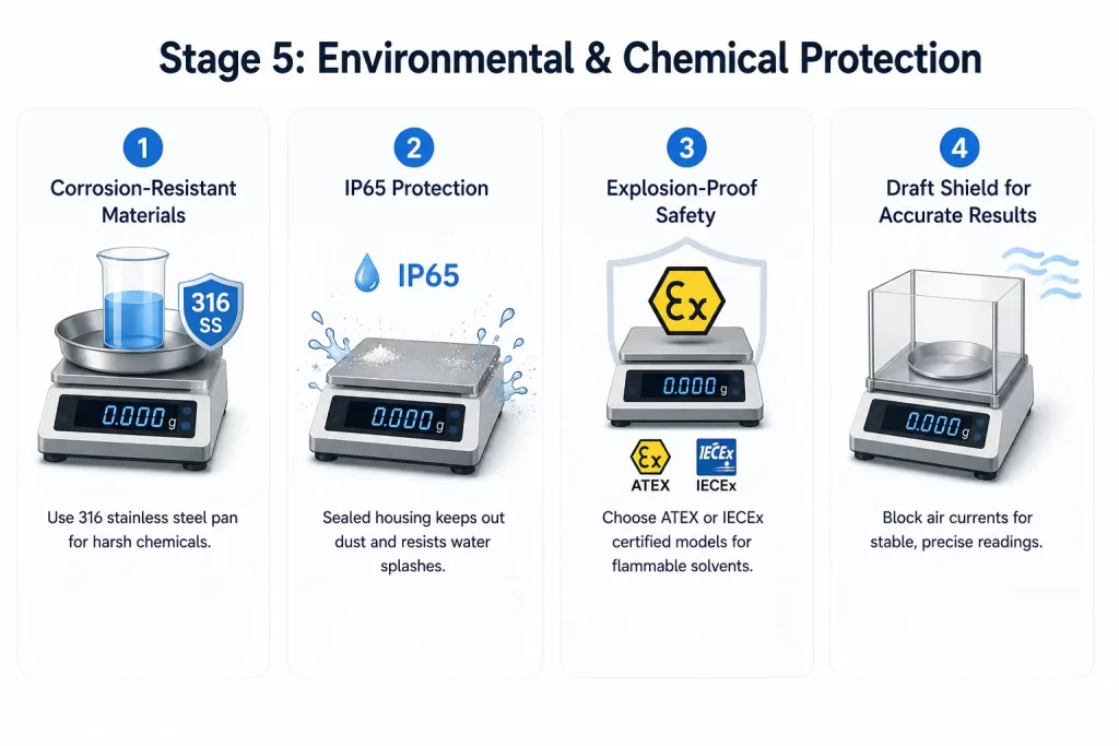Guide for stage 5: 316 stainless steel, IP65 housing protection, explosion-proof safety, and draft shields.