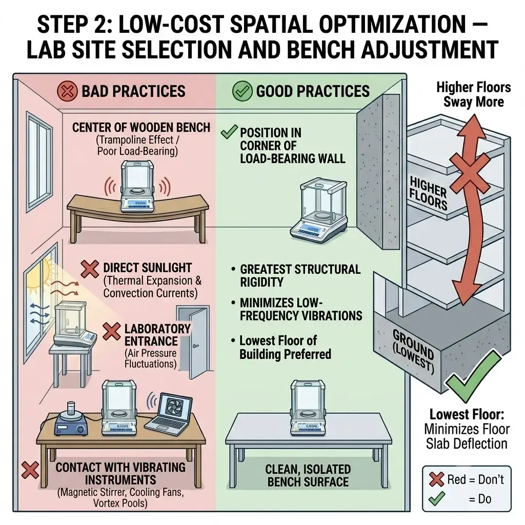 Infographic comparing good and bad laboratory layout practices for stable analytical balance positioning.