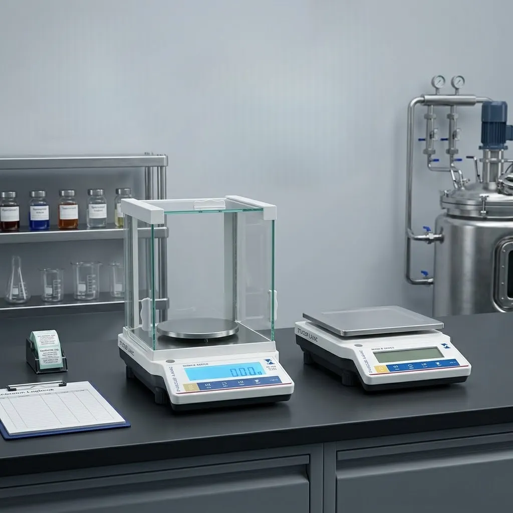 An analytical balance with glass draft shield and a top-loading balance scale placed on a clean laboratory bench.