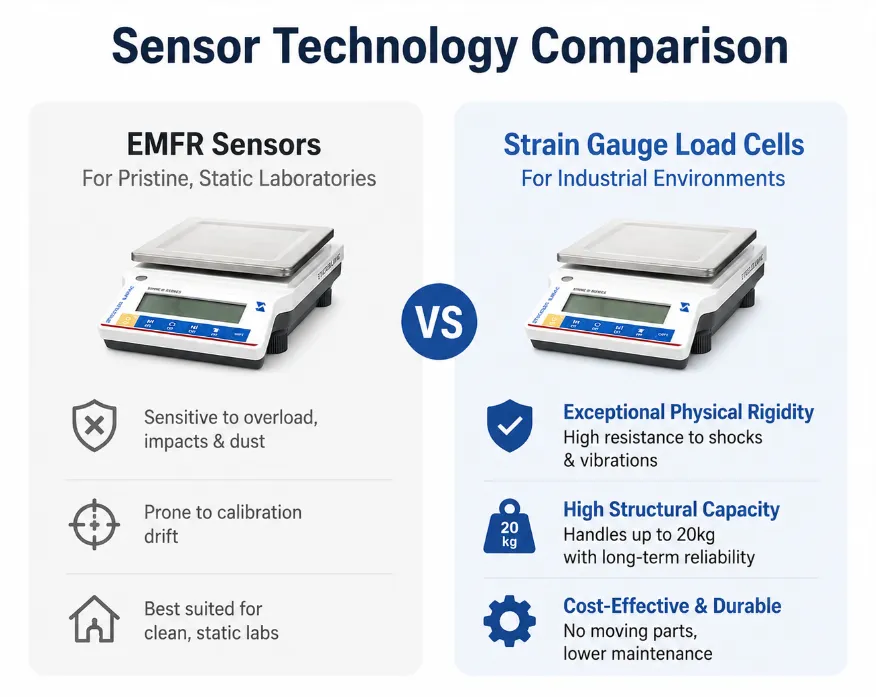 Diagram comparing EMFR sensors for clean static laboratories with strain gauge load cells for industrial environments.