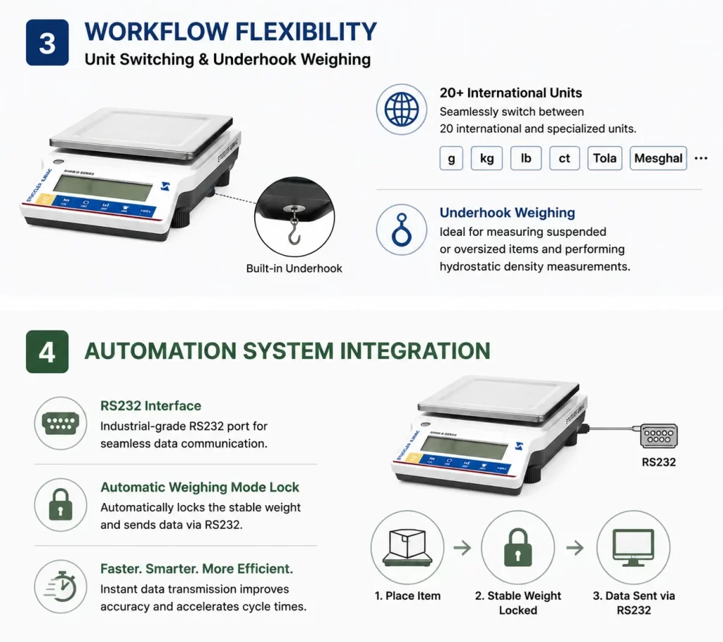 Explanatory chart detailing underhook weighing workflow flexibility and industrial RS232 automation system integration.