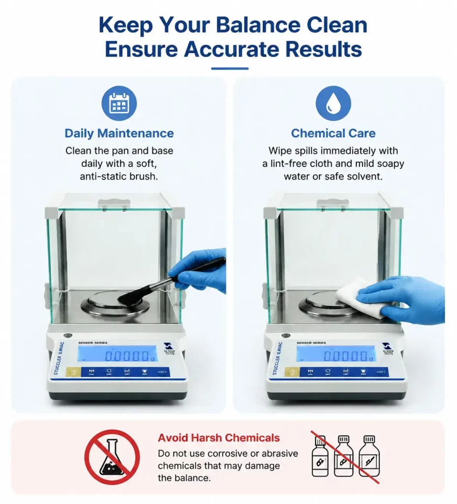 Guide on daily balance maintenance using an anti-static brush and a lint-free cloth while avoiding harsh chemicals.
